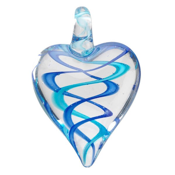 Focal, lampworked glass, blue / dark blue / clear, 44x30mm double-sided heart with spiral design. Sold individually. image number 0