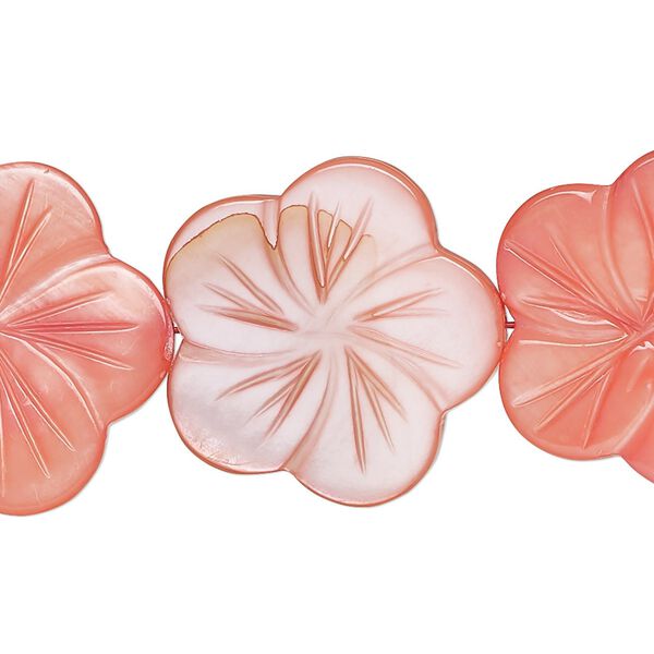 Bead, mother-of-pearl shell (dyed), flamingo red, 24x23mm-26x25mm carved flat flower with 0.6-0.8mm hole, Mohs hardness 3-1/2. Sold per 15-inch strand. image number 0