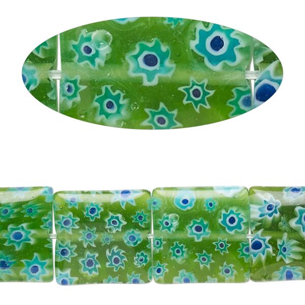 Bead, millefiori glass, translucent green / white / blue, 13mm-15x14mm puffed square with flower design. Sold per 14-inch strand. image number 0