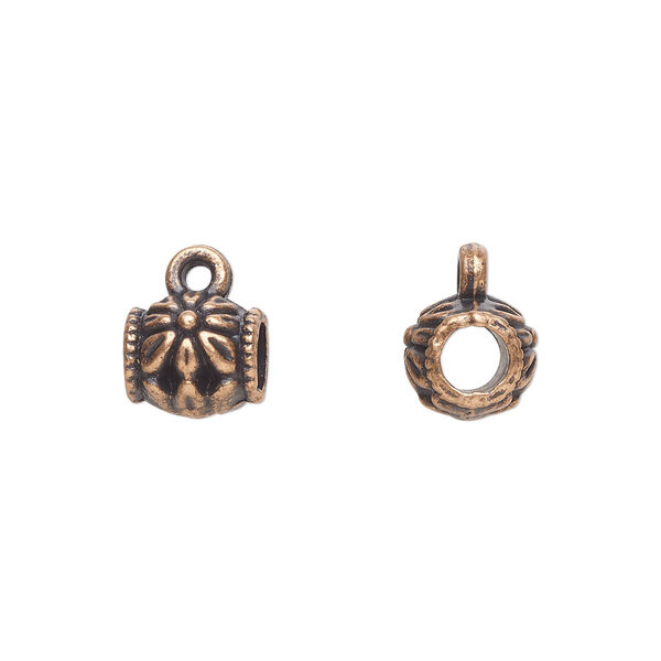 Bead, antique copper-plated "pewter" (zinc-based alloy), 8x7mm cylinder with flower design and closed loop. Sold per pkg of 20. image number 0