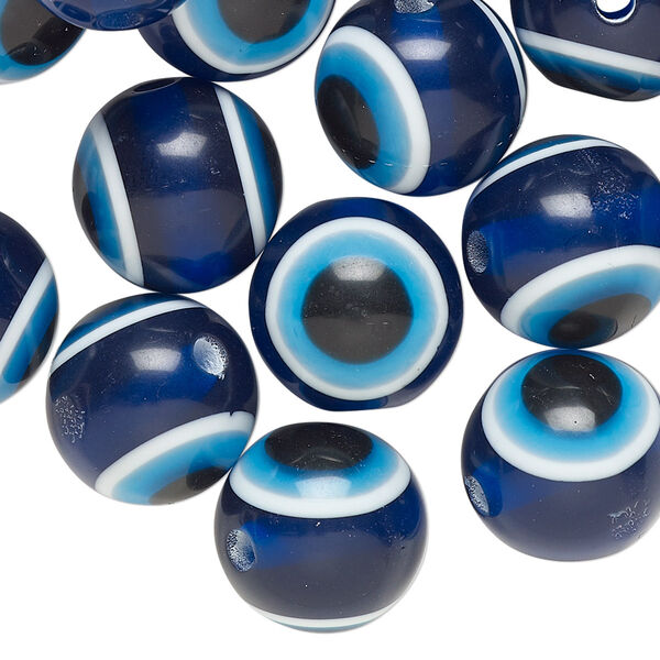 Bead, laminated resin, blue and multicolored, 14mm round with wards off the evil eye design. Sold per pkg of 40. image number 0