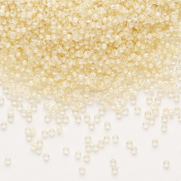Seed bead, Miyuki, glass, pkg/250g, #15 rocaille, translucent ivory-lined luster crystal clear (RR-2215). image number 0