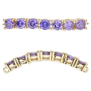 Focal, cubic zirconia and gold-plated brass, amethyst, 40x5mm curved rectangle. Sold individually.