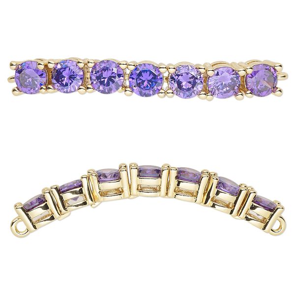 Focal, cubic zirconia and gold-plated brass, amethyst, 40x5mm curved rectangle. Sold individually. image number 0