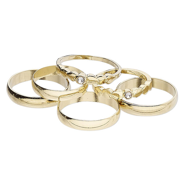 Ring mix, gold-finished brass and glass rhinestone, clear, 3mm and 4mm wide, size 5 to 12-1/2. Sold per pkg of 6. image number 0