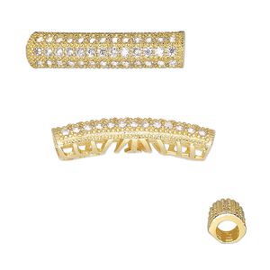 Bead, cubic zirconia and gold-finished brass, clear, 27x7.5mm textured curved tube with cutout design. Sold individually.