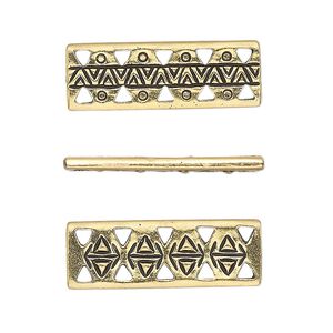 Link, TierraCast®, antique gold-plated pewter, 26x9mm 5-strand two-sided woven rectangle bar with rhythm theme. Sold per pkg of 4.