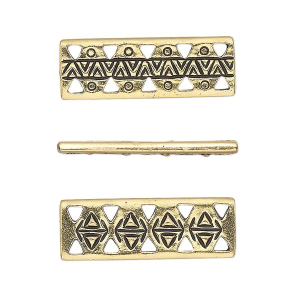 Link, TierraCast®, antique gold-plated pewter, 26x9mm 5-strand two-sided woven rectangle bar with rhythm theme. Sold per pkg of 4. image number 0