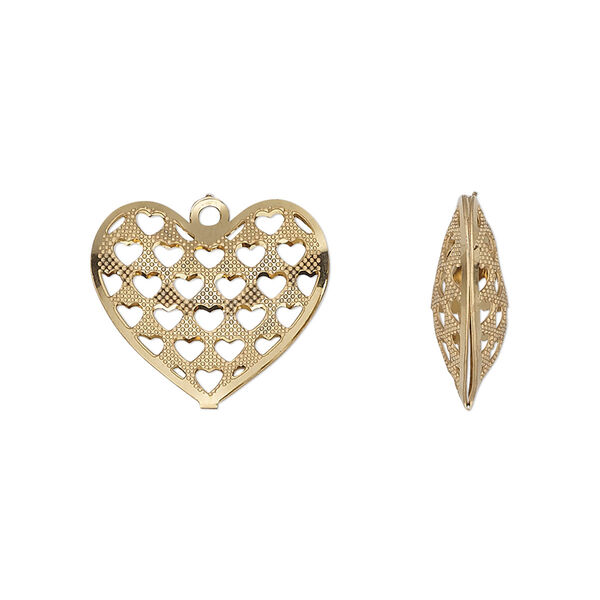 Charm, gold-finished stainless steel, 17.5x16mm double-sided domed heart with textured cut-out hearts design. Sold per pkg of 6. image number 0