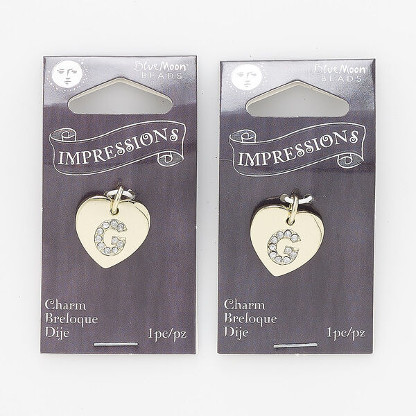 Charm, gold-finished "pewter" (zinc-based alloy) / steel / acrylic rhinestone, clear, 15.5x15mm single-sided puffed heart with letter "G." Sold per pkg of 2. image number 0