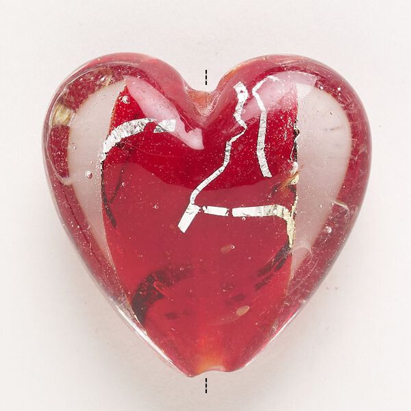 Bead, lampworked glass, pkg/1, opaque and translucent red/clear/black with silver-colored foil, 33-36mm puffed heart. image number 0