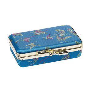 Jewelry box, satin brocade / glass / steel / velveteen, teal, 3-1/2 x 1 x 2-1/4 inch rectangle with butterfly pattern and mirror. Sold individually.