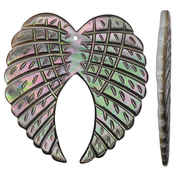 Focal, black lip shell (natural), 40x39mm-42x41mm single-sided hand-cut carved wings, Mohs hardness 3-1/2. Sold individually. image number 0