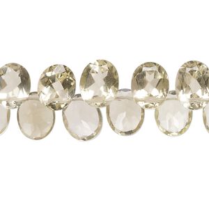 Lemon quartz 1pkg1, hand-cut top-drilled flat-sided faceted puffed oval bead 14 inch 10x7mm-10x8mm