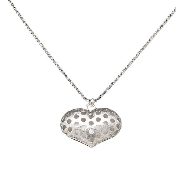 Necklace, imitation rhodium-finished steel / brass / "pewter" (zinc-based alloy), 30x22mm double-sided brushed heart with circle cutout and star design, 16 inches with 3-inch extender chain and lobster claw clasp. Sold individually. image number 0
