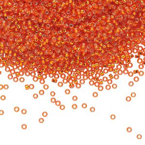 Seed bead, Miyuki, glass, pkg/250g, #15 rocaille, transparent silver-lined tangerine (RR-9).