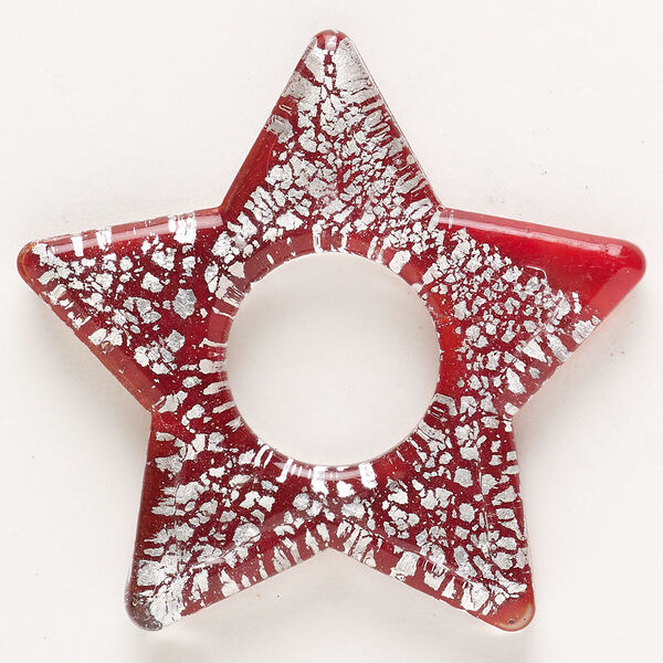 Focal, lampworked glass, pkg/1, opaque and translucent clear and red with silver-colored foil, 50-53mm top-drilled star donut. image number 0