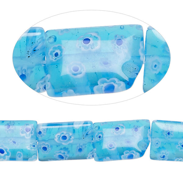 Bead, millefiori glass, translucent blue / dark blue / white, 14x10mm puffed rectangle with 0.6-0.8mm hole. Sold per 15-inch strand. image number 0