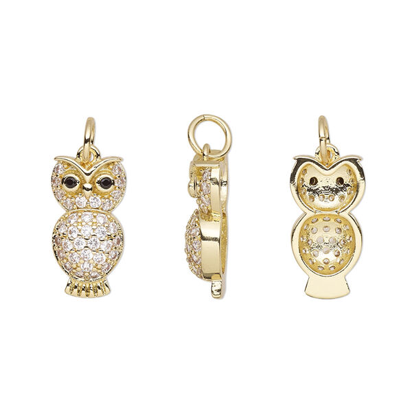 Charm, cubic zirconia and gold-finished brass, clear and black, 15.5x8mm single-sided owl. Sold individually. image number 0