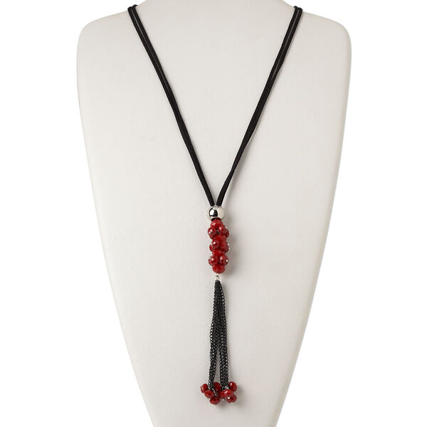 Necklace, 2-strand, velvet cord / steel / glass / silver-coated plastic, black and red, 8x6mm faceted rondelle with 6-inch dangle, 32 inches with knotted end. Sold individually. image number 0