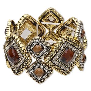 Bracelet, stretch, acrylic / glass rhinestone / antique gold- / silver-finished "pewter" (zinc-based alloy), topaz brown and light topaz brown, 42.5mm wide with diamond design, 6-1/2 inches. Sold individually.