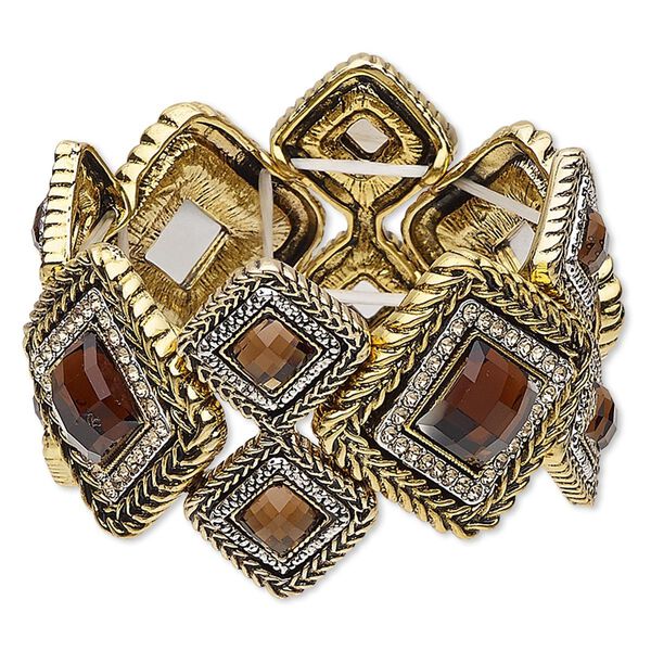 Bracelet, stretch, acrylic / glass rhinestone / antique gold- / silver-finished "pewter" (zinc-based alloy), topaz brown and light topaz brown, 42.5mm wide with diamond design, 6-1/2 inches. Sold individually. image number 0