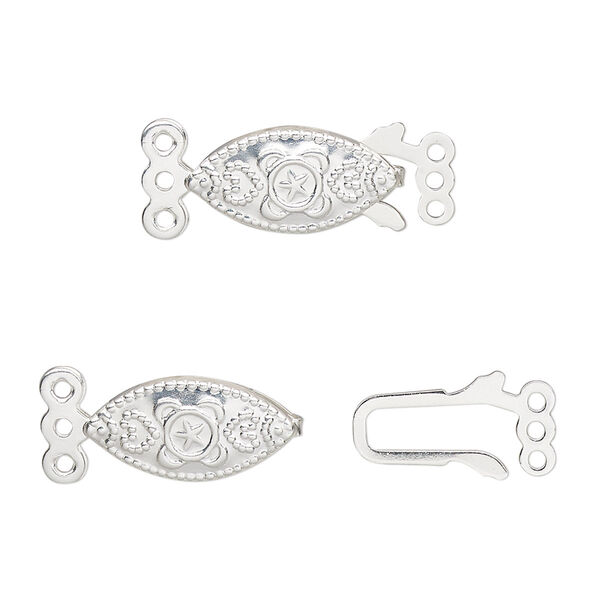 Clasp, 3-strand fishhook, silver-plated brass, 15x7mm filigree oval. Sold per pkg of 100. image number 0