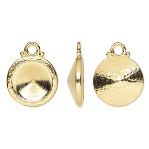 Drop, TierraCast®, Almost Instant Jewelry®, gold-plated pewter (tin-based alloy), 15mm hammered round with 12mm rivoli glue-in setting (1122). Sold per pkg of 2.