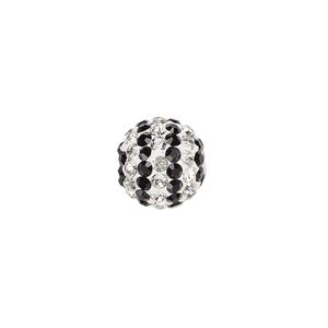Bead, Egyptian glass rhinestone / epoxy / resin, white / clear / black, 12mm round with pavé striped design. Sold individually.