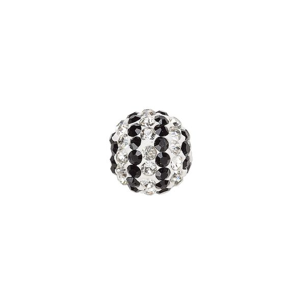 Bead, Egyptian glass rhinestone / epoxy / resin, white / clear / black, 12mm round with pavé striped design. Sold individually. image number 0