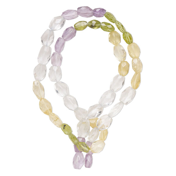 Bead, multi-gemstone (natural / dyed / heated), 5x4mm-9x6mm hand-cut faceted puffed oval, B- grade, Mohs hardness 3-7. Sold per 15-inch strand, approximately 45 beads. image number 0