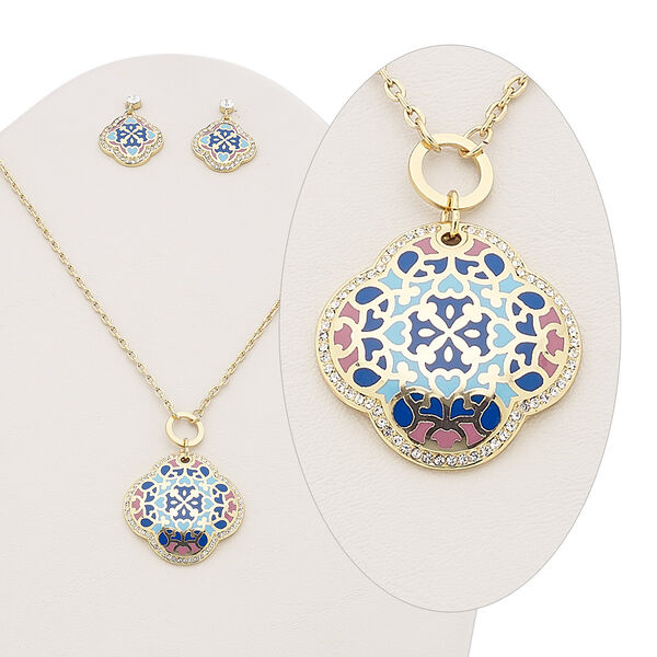 Necklace and earring set, enamel / Czech glass rhinestone / gold-plated brass, multicolored, 38x38mm clover, 15" to 16" necklace with 2-inch extender chain and lobster claw clasp, 30mm earrings with post. Sold per set. image number 0
