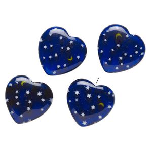 Bead, millefiori glass, translucent multicolored, 15-20mm half-drilled puffed heart with star and moon design. Sold per pkg of 4.
