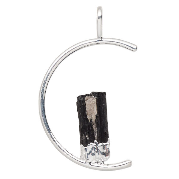 Pendant, Everyday Jewelry, silver-plated brass and black tourmaline (natural), 45x23mm-47x25mm open half round. Sold individually. image number 0