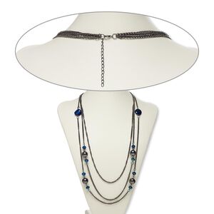 Necklace, glass / gunmetal-coated plastic / gunmetal-finished steel, blue, round, 26 inches with 2-inch extender chain and lobster claw clasp. Sold individually.