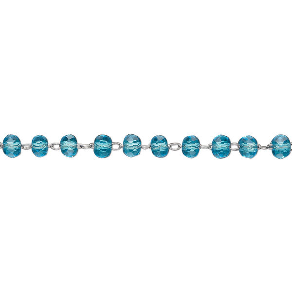 Chain, glass and stainless steel, turquoise blue, 3.5mm faceted rondelle. Sold per pkg of 1 yard. image number 0