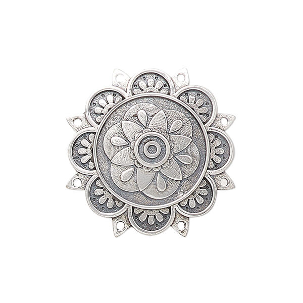 Drop, antiqued sterling silver, pkg/1, 24.75mm single-sided domed disc with flower design. image number 0