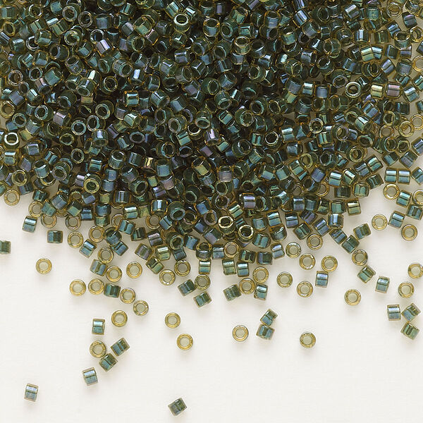 Seed bead, Delica®, glass, pkg/7.5g, #11 round, translucent forest green-lined luster topaz (DB-0273). image number 0