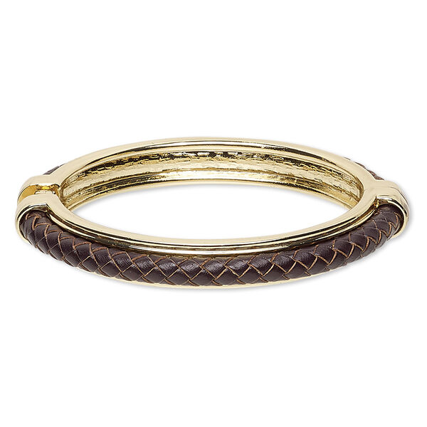 Bracelet, hinged bangle, leather (dyed) with gold-finished steel and "pewter" (zinc-based alloy), brown, 10mm wide with braided design, 7 inches. Sold individually. image number 0