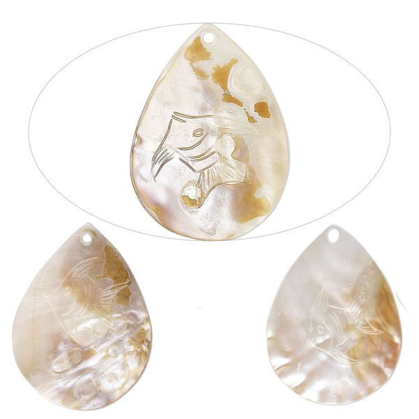 Focal, mother-of-pearl shell (natural/bleached), 57x42mm-65x48mm hand-carved teardrop with angelfish design, Mohs hardness 3-1/2. Sold per pkg of 3. image number 0