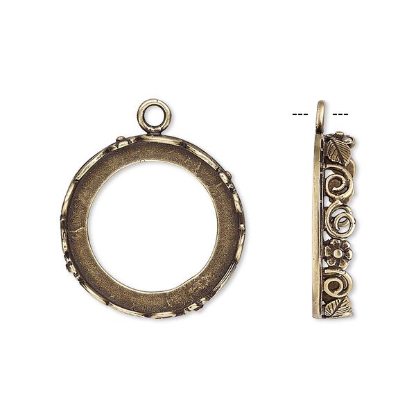 Drop, JBB Findings, antiqued brass, 20mm round with open back and flower and leaf design trim, 18mm round bezel setting. Sold per pkg of 2. image number 0