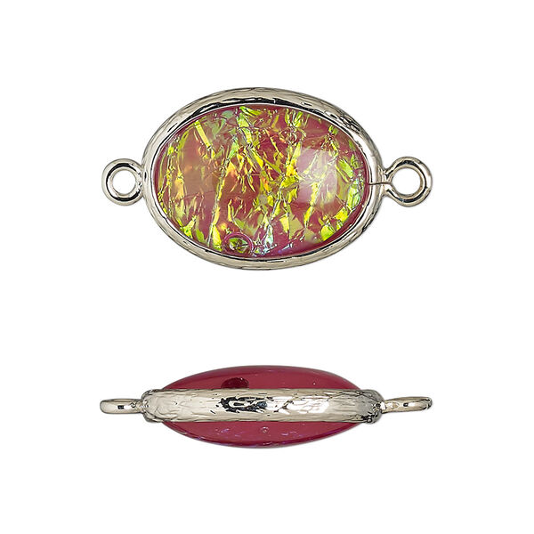 Link, Opalized Ice™, "opal" (resin) and imitation rhodium-finished brass, opaque light purple, 20x15mm double-sided oval. Sold per pkg of 4. image number 0