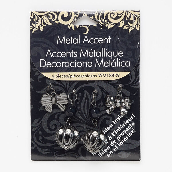 Charm and drop, glass / acrylic / gunmetal-finished steel / "pewter" (zinc-based alloy), clear and black, 16mm single-sided open fluted round and 17x12mm bow. Sold per pkg of 4. image number 0