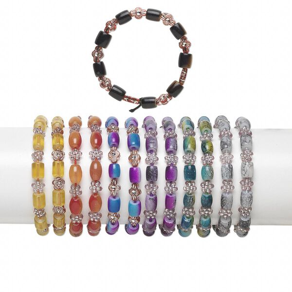 Bracelet mix, stretch, acrylic / resin / glass, mixed colors, 8x7mm-10x7mm mixed shape, 6 inches. Sold per pkg of 12. image number 0