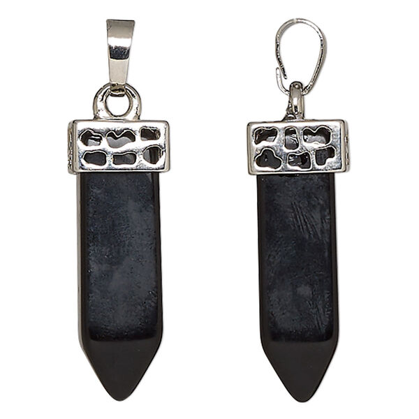 Pendant, obsidian (natural) and imitation rhodium-plated brass, 32x11mm square point. Sold individually. image number 0