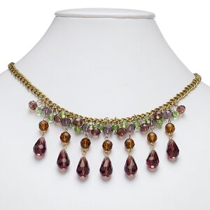 Necklace, glass and gold-finished steel, multicolored, 1-3/4 inch dangle, 17 inches with 2-inch extender chain and lobster claw clasp. Sold individually.