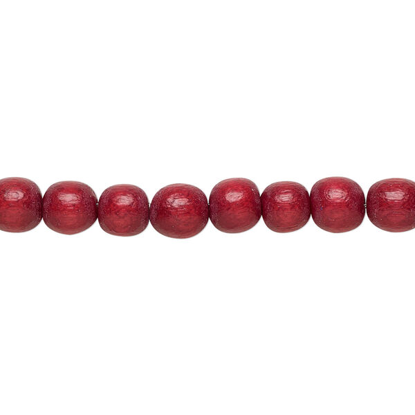 Bead, Taiwanese cheesewood (dyed / waxed), cranberry red, 5-6mm round. Sold per pkg of (2) 15-1/2" to 16" strands. image number 0