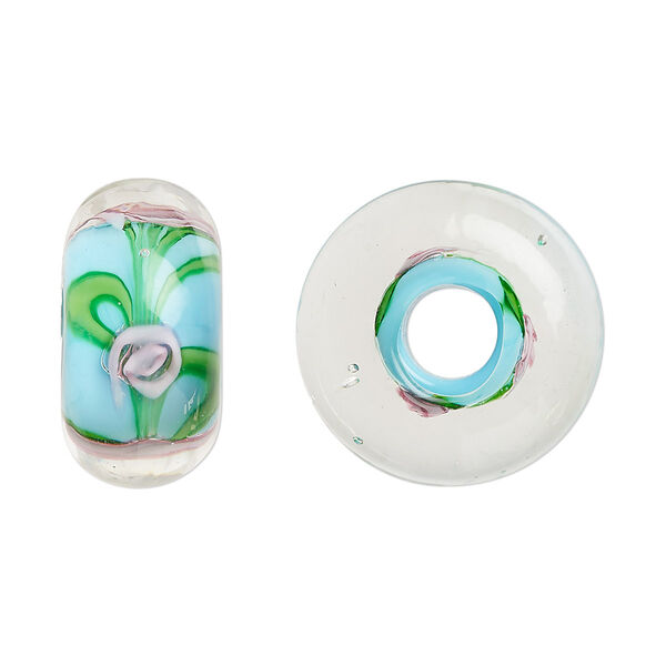 Bead, lampworked glass, opaque light blue and multicolored, 20x10mm rondelle with rose. Sold per pkg of 2. image number 0