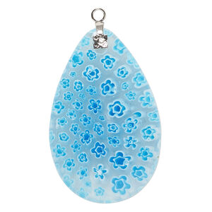 Focal, millefiori glass and silver-finished steel 1pkg1, transparent and translucent clear / blue / white, 48x30mm-49x32mm puffed teardrop.
