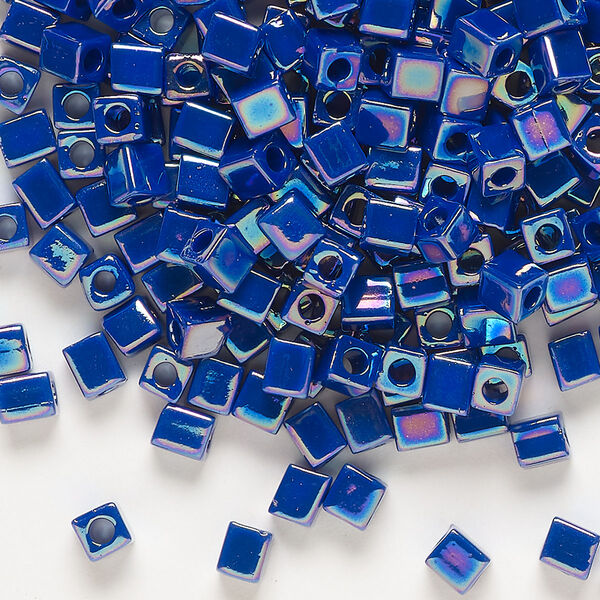 Seed bead, Miyuki, glass, pkg/25g, 3.5-3.7mm square, opaque rainbow dark blue (SB-414R). image number 0